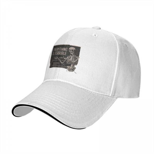 Black baseball cap with 'Everything is Terrible' skeleton graphic