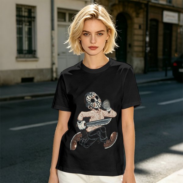 Olive T-Shirt with Cartoon Jason Voorhees Graphic Print