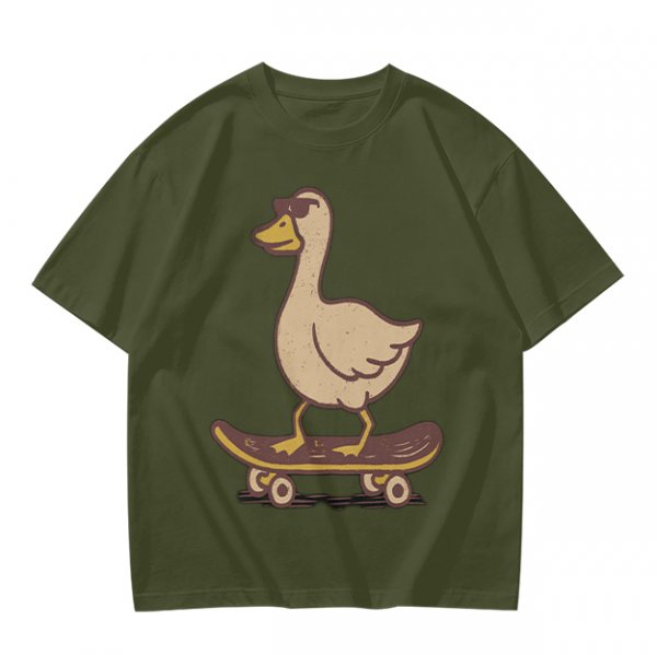 Olive T-Shirt Featuring a Cool Duck Wearing Sunglasses Riding a Skateboard