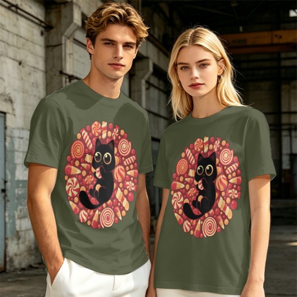Olive T-Shirt With Cute Black Cat Holding Candy Surrounded By Sweets
