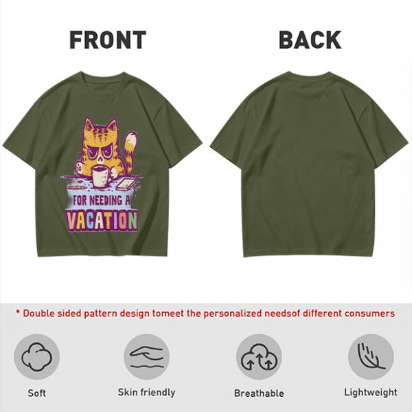 Olive t-shirt with a grumpy cat needing a vacation print