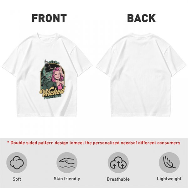 Olive green graphic t-shirt with 'Let's be Wicked Together' witch design