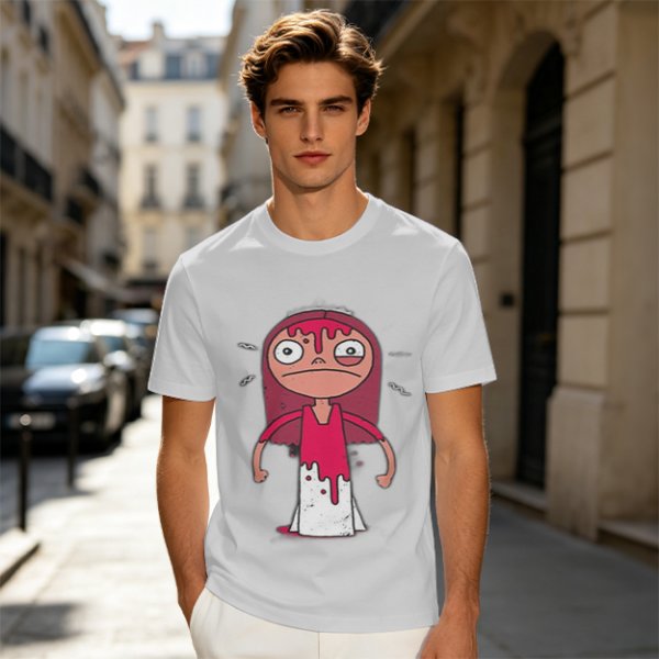 Olive Green T-Shirt With Creepy Cartoon Girl Print