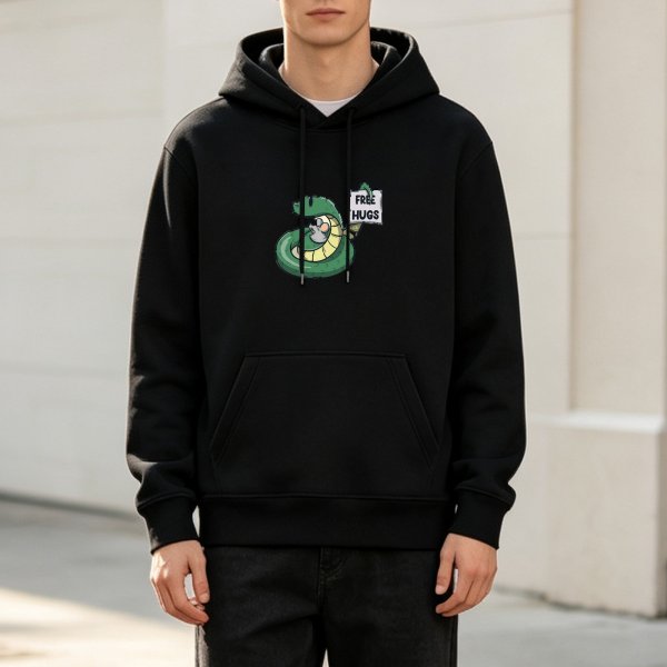 Black hoodie with cartoon snake holding free hugs sign