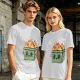 Olive green t-shirt with a cartoon burning box graphic