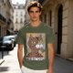Olive green t-shirt with cubist style cat print and Purrcasso text