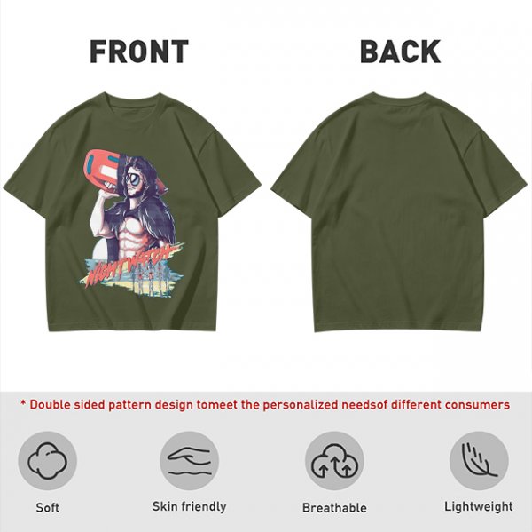 Olive Graphic T-Shirt with Muscular Figure Holding Red Device and Night Watch Text