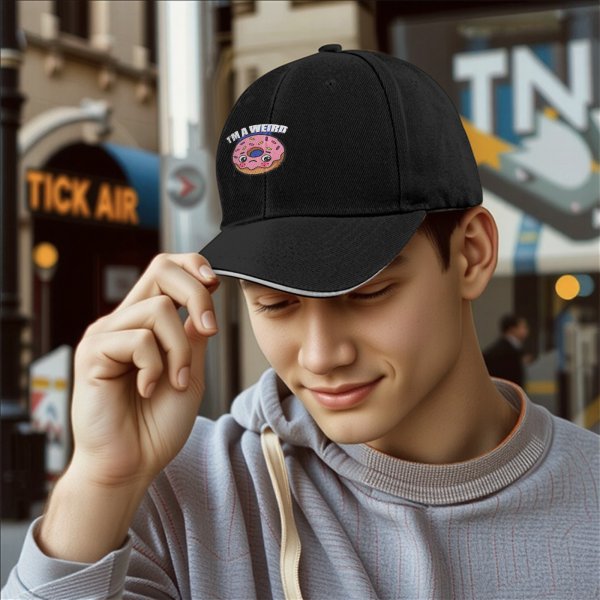Black baseball cap with sad donut graphic and 'I'M A WEIRD' text