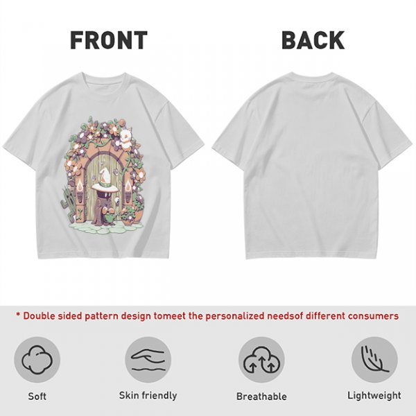 Olive T-Shirt With Whimsical Wizard Cat Garden Door Art