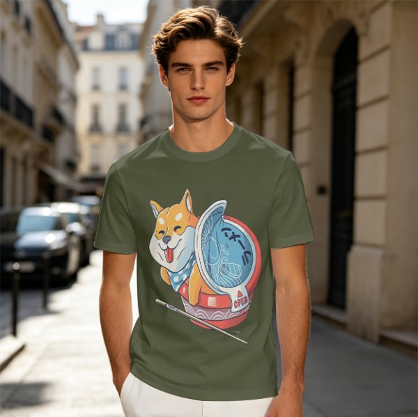 Olive T-shirt with Shiba Inu in Ramen Cup Graphic