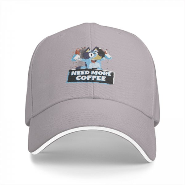 Black baseball cap with Bluey graphic and 'Need More Coffee' text