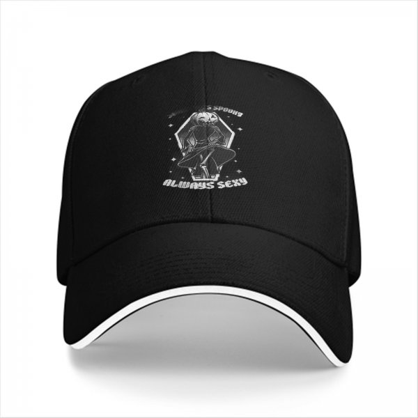 Black baseball cap with spooky pumpkin figure and 'Always Sexy' text