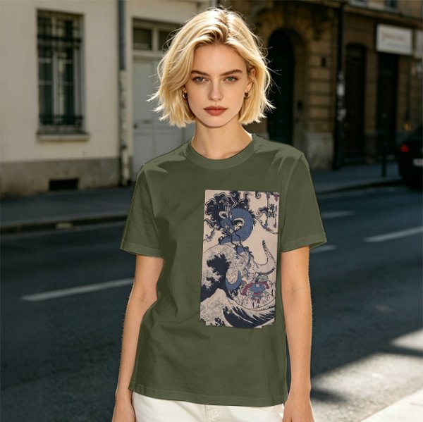 Olive T-Shirt with Japanese Ukiyo-e Dragon and Wave Print