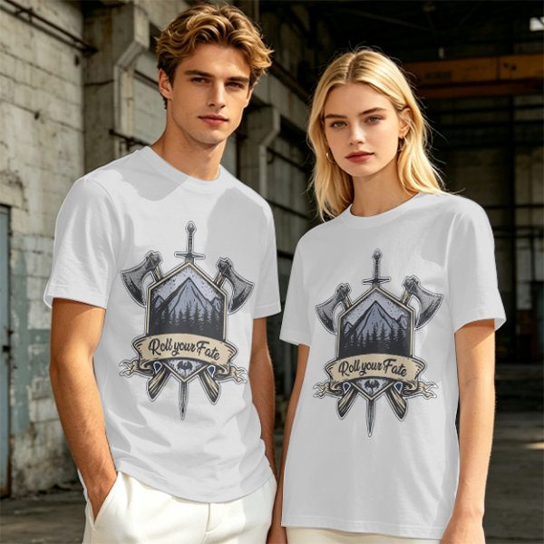 Olive T-Shirt With Viking Mountain Axe Sword 'Roll Your Fate' Print