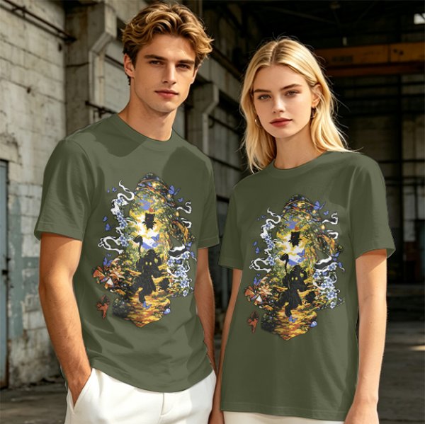 Olive Green T-Shirt With Mystical Cat Silhouette Graphic Print
