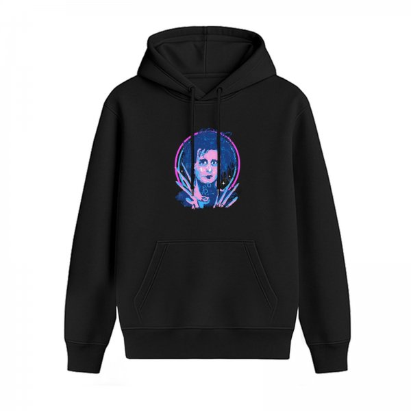 Black hoodie with neon gothic character graphic print