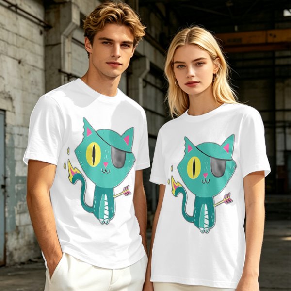 Olive Green T-Shirt With Pirate Cat Graphic Print