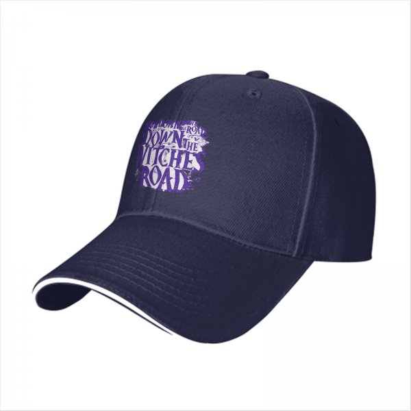 Black baseball cap with 'Down the Witches Road' Halloween themed print