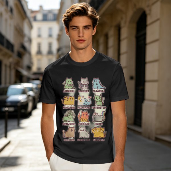 Olive green t-shirt with cute mythical monster cat graphic prints