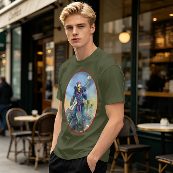 Olive T-Shirt Featuring Skeletor Holding His Havoc Staff