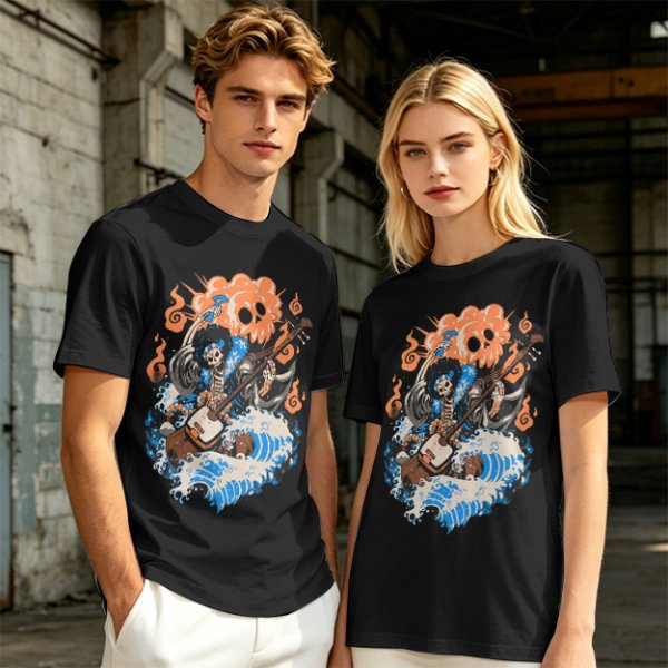 Olive T-shirt with Skeleton Musician Playing Guitar Over Ocean Waves