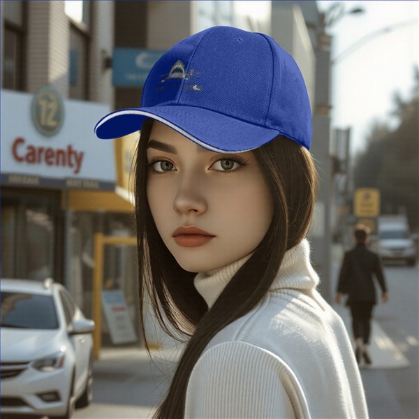 Black baseball cap with shark graphic and 'NO' text print