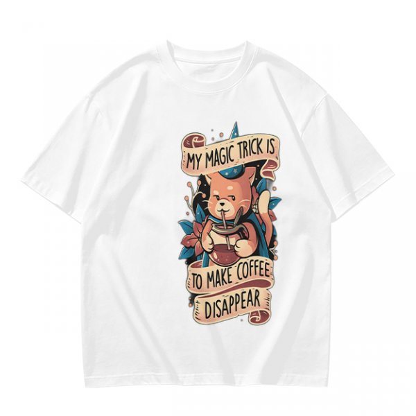 Olive t-shirt with a cat wizard making coffee disappear magic trick print