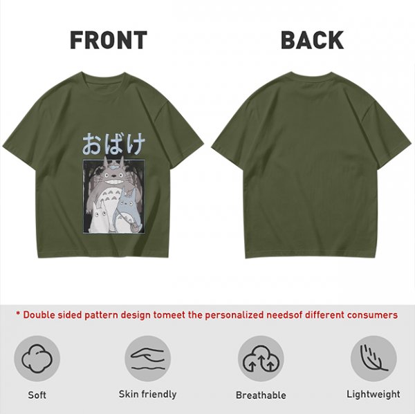 Olive green graphic tee with Totoro forest spirit print