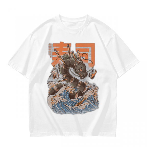 Olive T-shirt with Sushi Dragon Wave Graphic Print