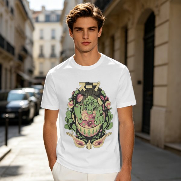 Olive green t-shirt with playful vegetable soup graphic print