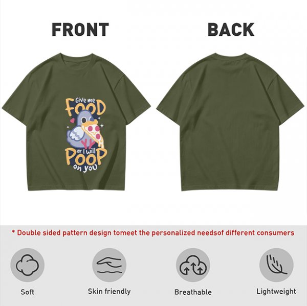 Olive t-shirt with funny pigeon pizza 'Give me food or I will poop' print