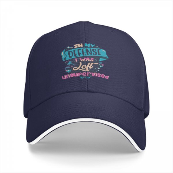 Black baseball cap with 'In My Defense I Was Left Unsupervised' print