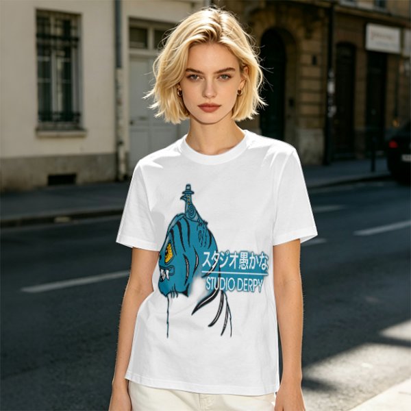 Olive Graphic T-Shirt with Blue Tiger and Studio Derpy Text