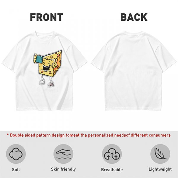 Olive T-shirt with a cartoon cheese taking a selfie and making a peace sign