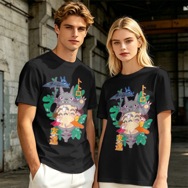 My Neighbor Totoro Graphic T-Shirt with Anime Characters and Leaves