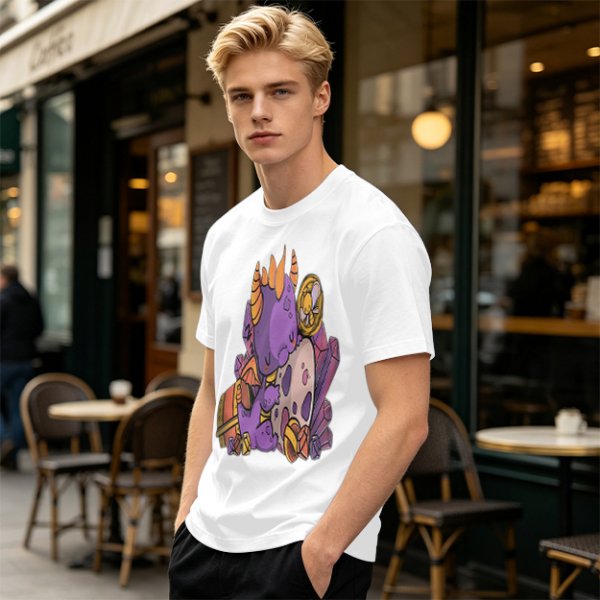 Olive T-Shirt with Cute Sleeping Purple Dragon and Treasure Artwork