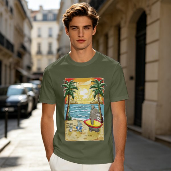 Olive T-Shirt with Beach Scene Print Featuring Totoro and Friends