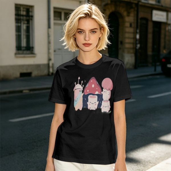 Olive Green T-Shirt With Cute Mushroom Creature Graphic