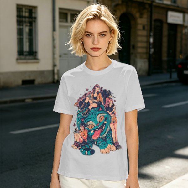 Olive T-Shirt With Girls On A Teal Tiger Graphic Print