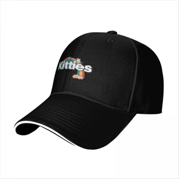 Black baseball cap with kitties and rainbow graphic