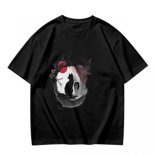 Olive T-Shirt with Japanese Style Cat and Red Sun Art Print