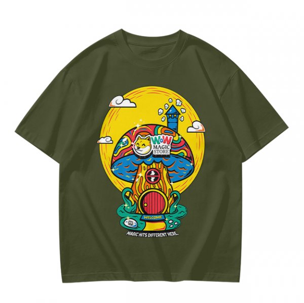 Olive T-Shirt with Trippy Mushroom House Graphic Design