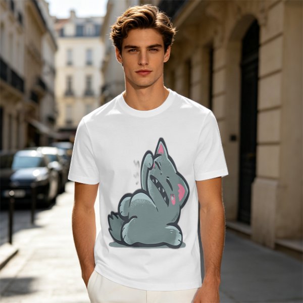 Olive T-Shirt With Embarrassed Gray Cat Graphic Print