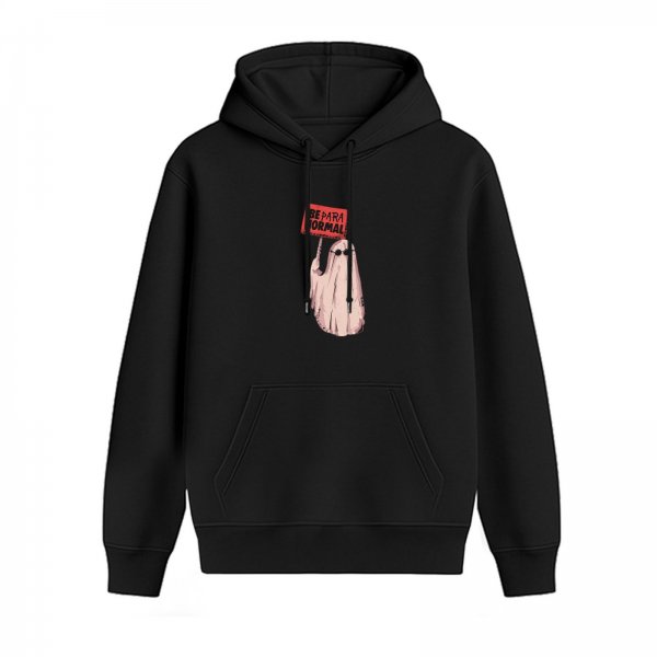 Black hoodie with a ghost holding a 'Be Paranormal' sign