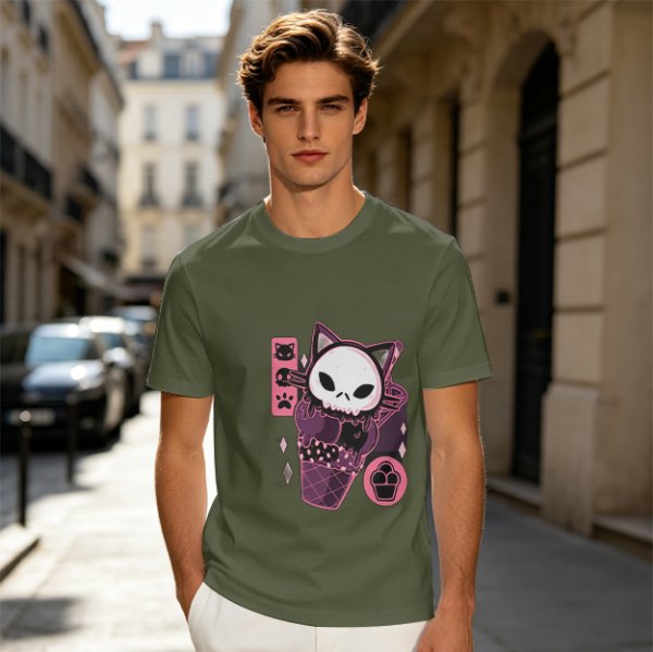 Olive T-Shirt with Skull Cat Ice Cream Graphic Print