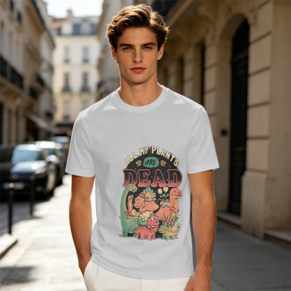Olive graphic t-shirt with 'All My Plants Are Dead' dinosaur print