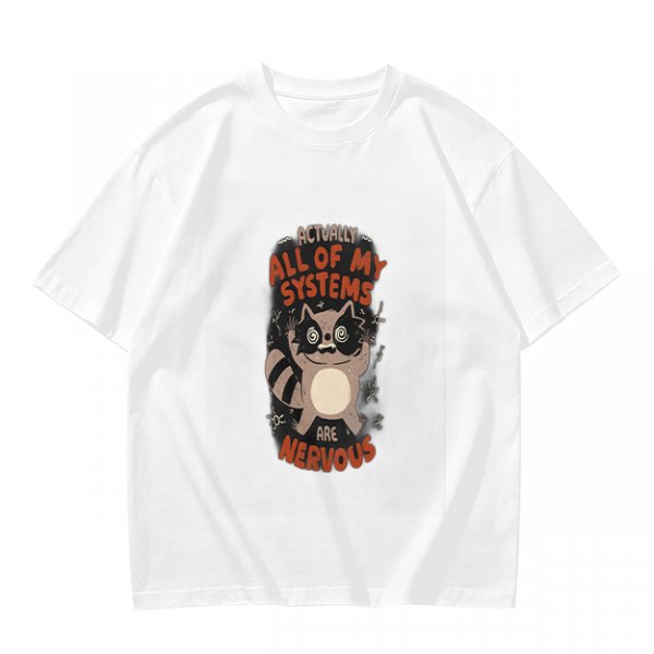 Olive graphic t-shirt with nervous raccoon and 'all of my systems nervous' text