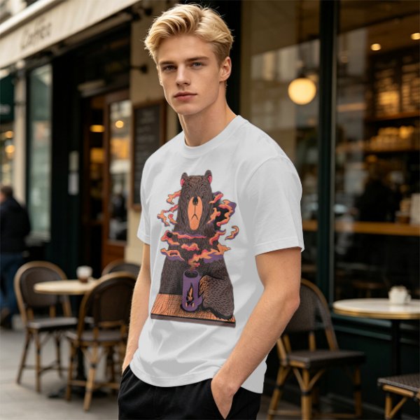 Olive T-Shirt With A Bear Holding A Campfire Mug Design