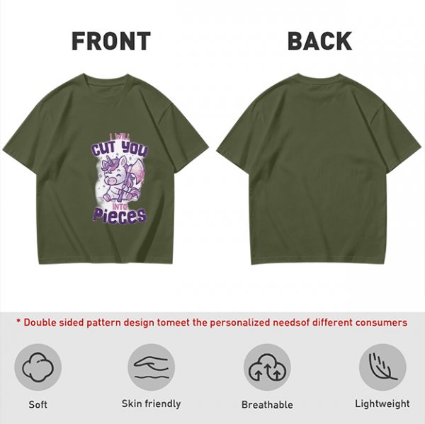Olive t-shirt with a cute unicorn holding an axe and the text I will cut you into pieces