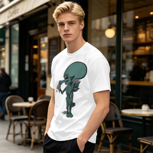 Olive T-Shirt With Alien Eating Ice Cream Graphic